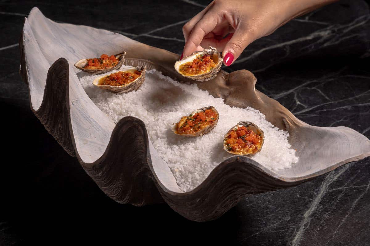 Hand picking a baked oyster from a large clam shell filled with salt and garnished oysters.